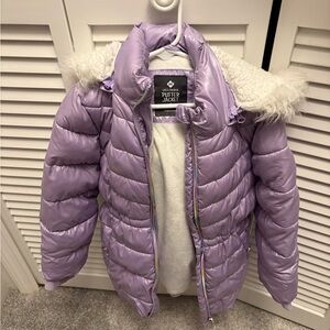 Girls Purple Puffer Jacket for Kids White Faux Fur Hoodie Weatherproof Cold Gear